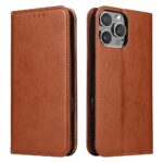 For iPhone 16 Pro Fierre Shann PU Genuine Leather Texture Phone Case(Brown)