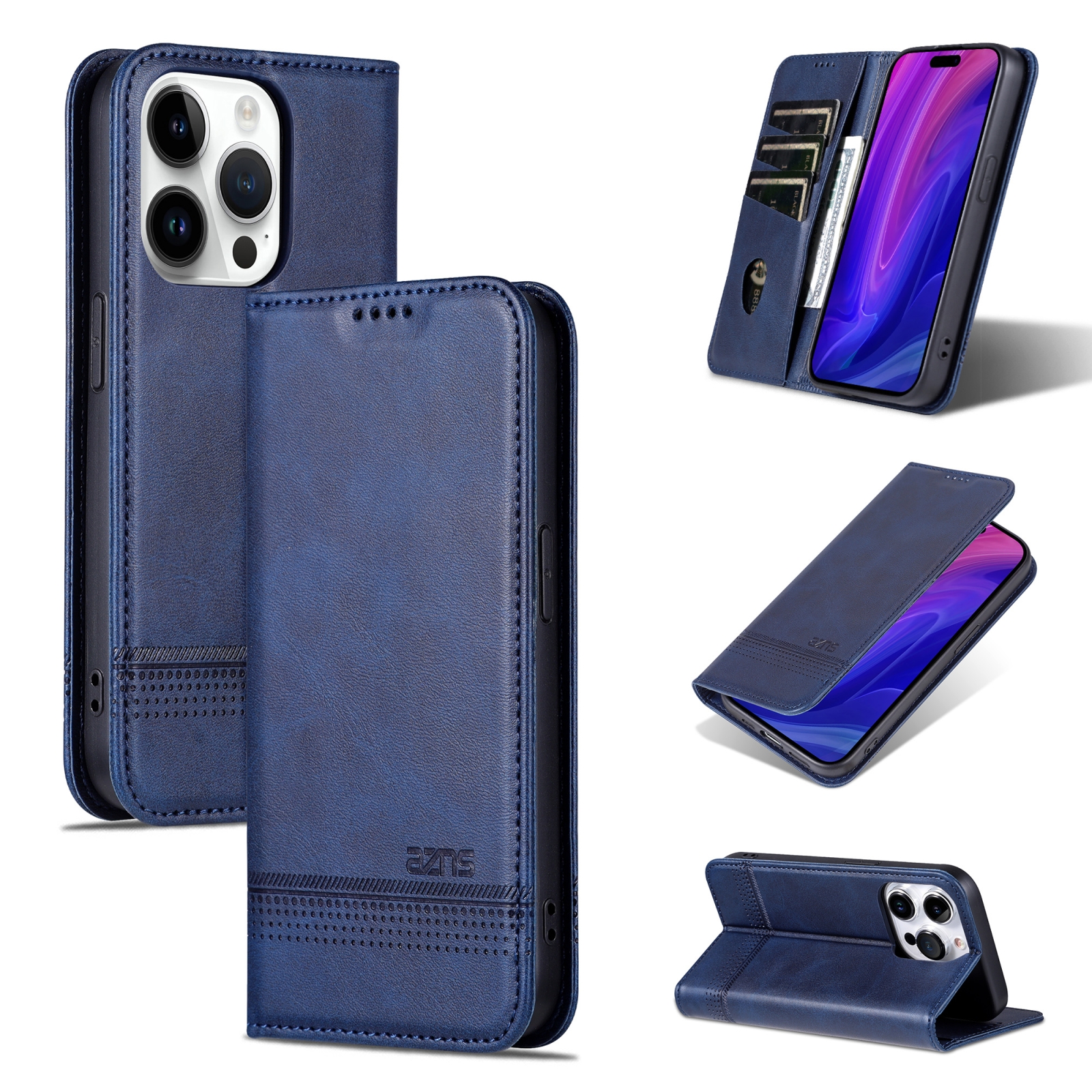 EDA005178804E.jpg For iPhone 16 Pro AZNS Magnetic Calf Texture Flip Leather Phone Case(Dark Blue) - Image 1