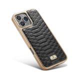 For iPhone 16 Pro Fierre Shann Python Texture Electroplating PU Phone Case(Black) - Image 5