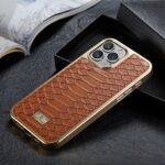 For iPhone 16 Pro Fierre Shann Python Texture Electroplating PU Phone Case(Brown) - Image 2