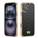 For iPhone 16 Plus Fierre Shann Python Texture Electroplating PU Phone Case(Black)