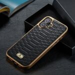 For iPhone 16 Plus Fierre Shann Python Texture Electroplating PU Phone Case(Black) - Image 2