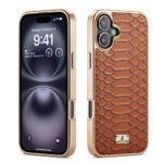 For iPhone 16 Plus Fierre Shann Python Texture Electroplating PU Phone Case(Brown)