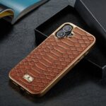 For iPhone 16 Plus Fierre Shann Python Texture Electroplating PU Phone Case(Brown) - Image 2
