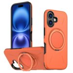 For iPhone 16 Metal Rotation Holder MagSafe TPU Hybrid PC Phone Case(Orange)