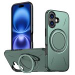 For iPhone 16 Metal Rotation Holder MagSafe TPU Hybrid PC Phone Case(Grey Green)