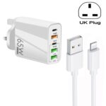 65W Dual PD + 3 x USB Charger with USB to 8 Pin Cable, UK