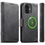 For iPhone 16 Suteni J07 Multi-functional Horizontal MagSafe Denim Leather Phone Case(Black)
