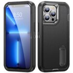 For iPhone 12 Pro Max 3 in 1 Rugged Holder Phone Case(Black + Black)