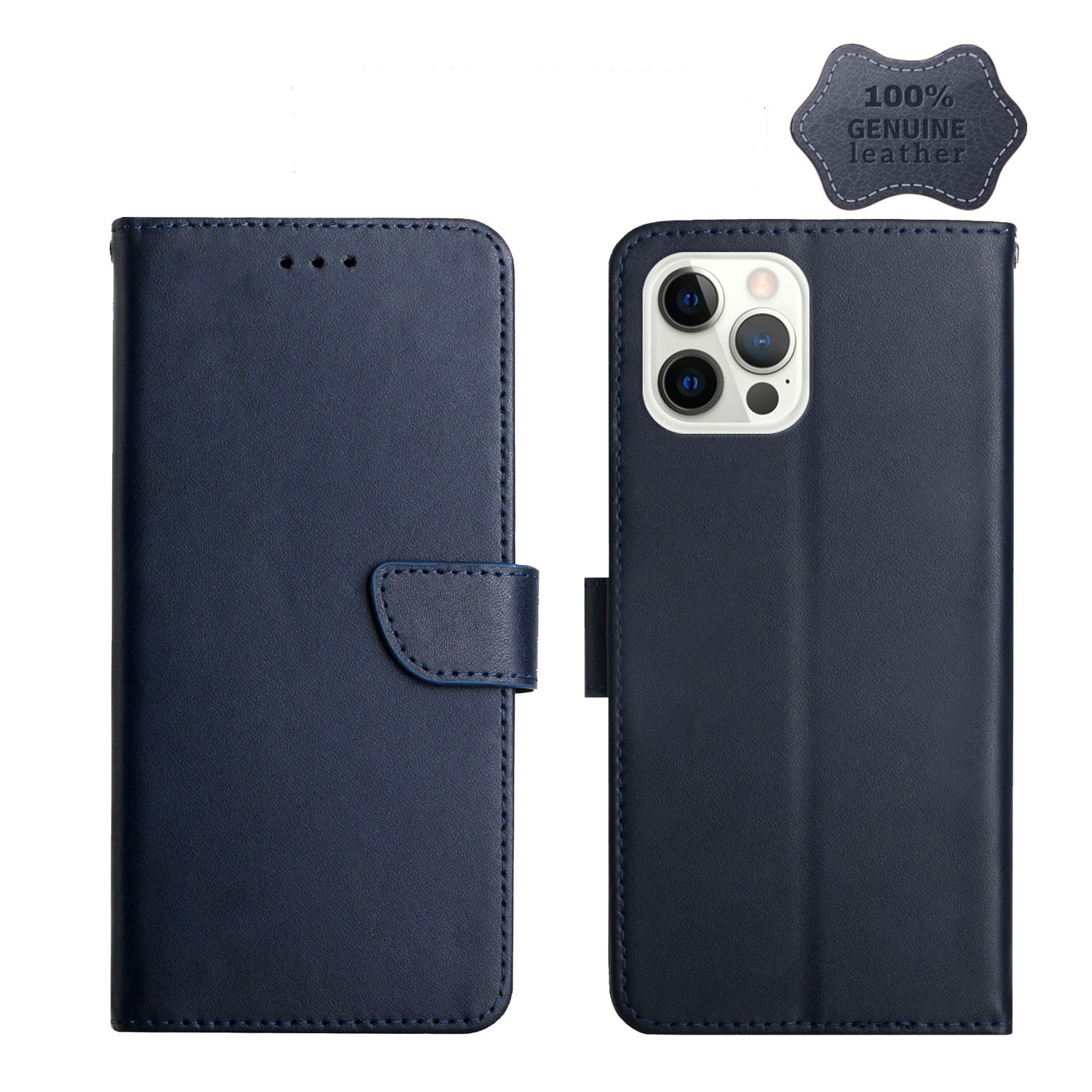 EDA002805207B.jpg For iPhone 12 Pro Genuine Leather Fingerprint-proof Horizontal Flip Phone Case(Blue) - Image 1