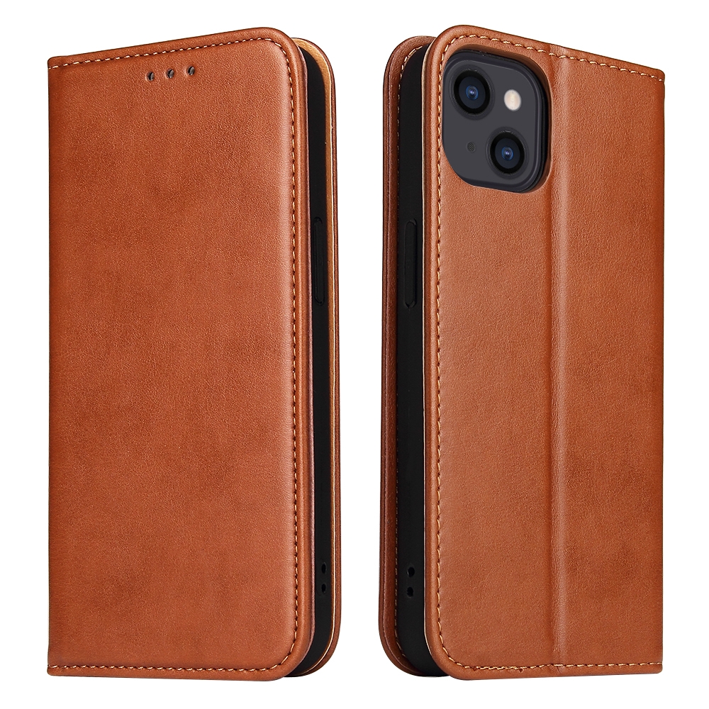 EDA003470202B.jpg For iPhone 14 Plus Fierre Shann PU Genuine Leather Texture Leather Phone Case (Brown) - Image 1