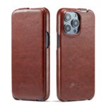For iPhone 14 Pro Fierre Shann Oil Wax Texture Vertical Flip PU Phone Case(Brown)