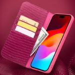 For iPhone 15 Plus QIALINO Little Crocodile Texture Genuine Leather Phone Case(Rose Red) - Image 5