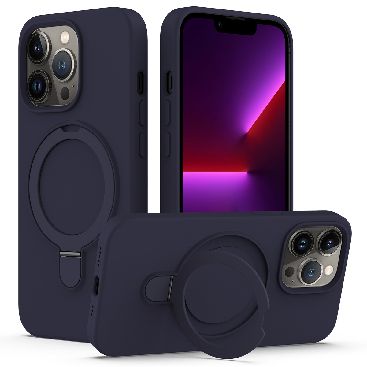 EDA006025205I.jpg For iPhone 13 Pro Liquid Silicone MagSafe Magnetic Phone Case with Ring Holder(Midnight Blue) - Image 1