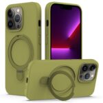 For iPhone 13 Pro Liquid Silicone MagSafe Magnetic Phone Case with Ring Holder(Willow Green)