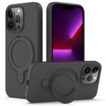 For iPhone 15 Pro Max Liquid Silicone MagSafe Magnetic Phone Case with Ring Holder(Carbon Black)