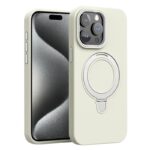 For iPhone 15 Pro Max Liquid Silicone MagSafe Metal Ring Holder Phone Case(White)