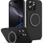 For iPhone 15 Pro Max Liquid Silicone MagSafe Phone Case with Rotating Holder(Black)