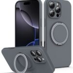 For iPhone 15 Pro Max Liquid Silicone MagSafe Phone Case with Rotating Holder(Grey)