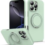 For iPhone 13 Pro Liquid Silicone MagSafe Phone Case with Rotating Holder(Green)