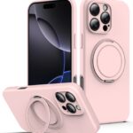 For iPhone 13 Pro Liquid Silicone MagSafe Phone Case with Rotating Holder(Pink)