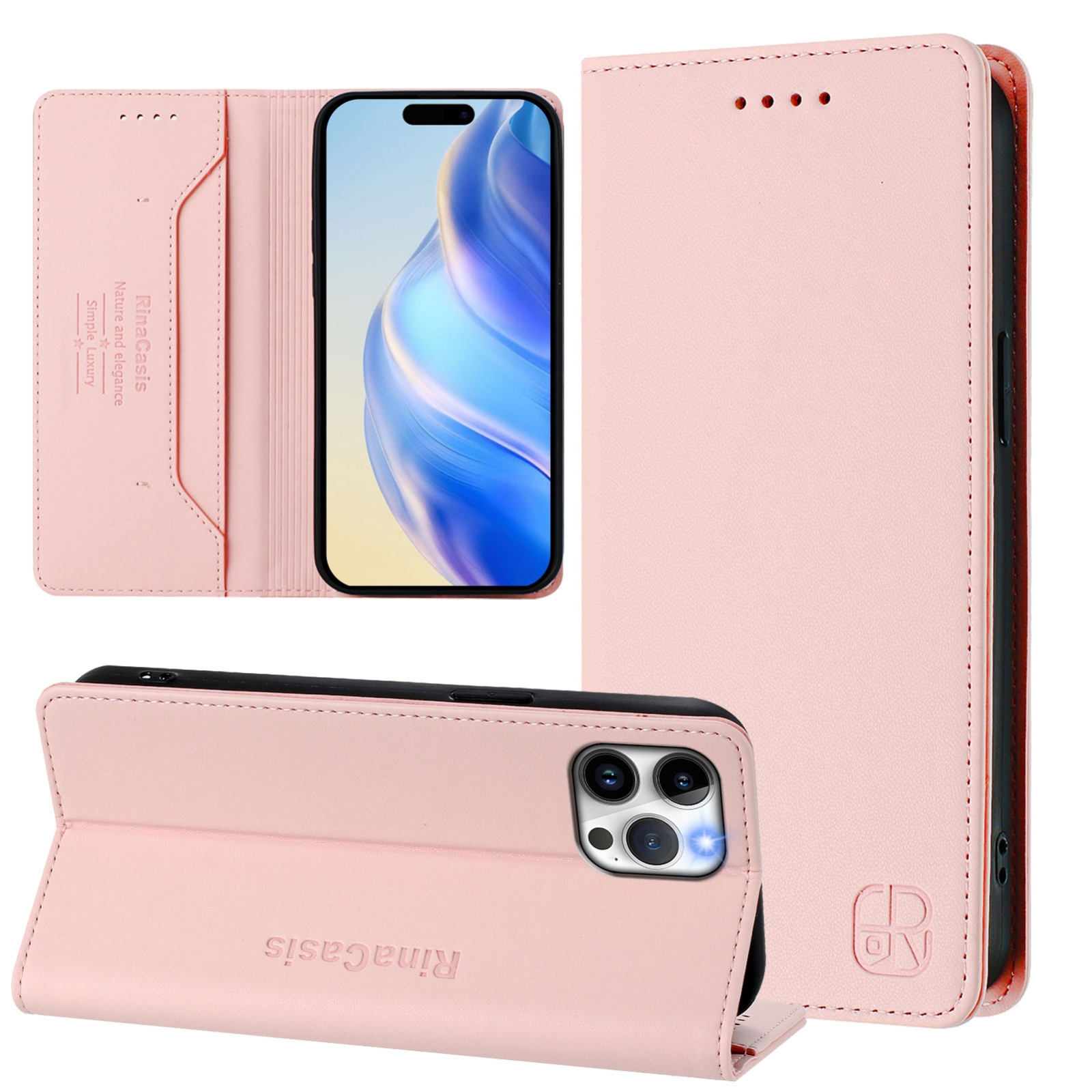 EDA007425018C.jpg For iPhone 12 / 12 Pro RC01 Dual-Folded Magnetic Suction RFID Leather Phone Case(Pink) - Image 1
