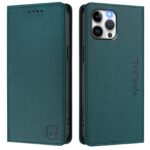 For iPhone 12 / 12 Pro RC01 Dual-Folded Magnetic Suction RFID Leather Phone Case(Dark Green) - Image 2