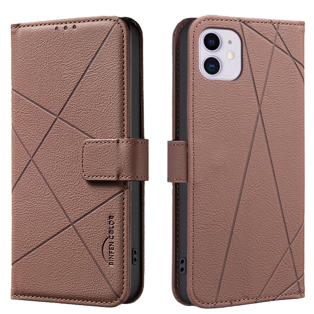EDA007878206A.jpg For iPhone 12 / 12 Pro Geometric Pattern RFID Leather Phone Case(Brown) - Image 1