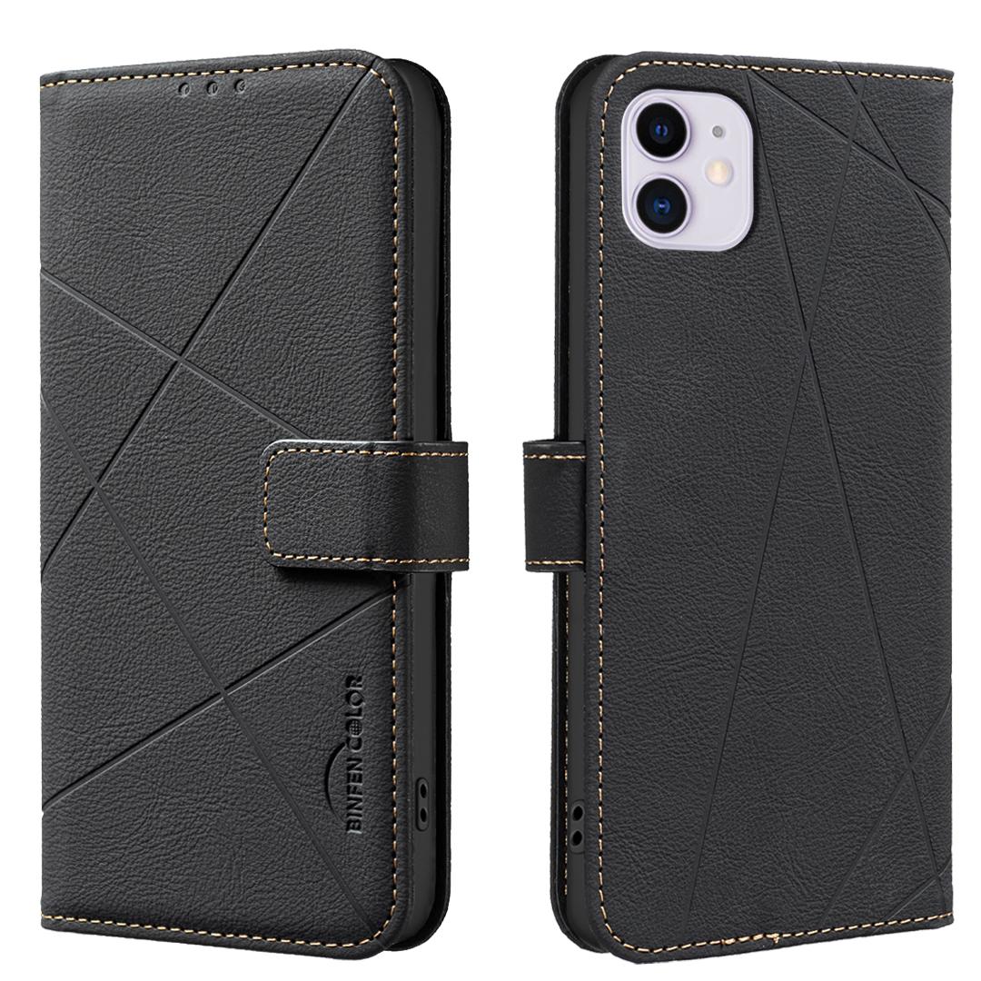 EDA007878206E.jpg For iPhone 12 / 12 Pro Geometric Pattern RFID Leather Phone Case(Black) - Image 1