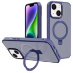 For iPhone 14 Kalebol Metal Lens Frame MagSafe Holder Frosted PC Phone Case(Navy Blue)
