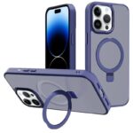 For iPhone 14 Pro Max Kalebol Metal Lens Frame MagSafe Holder Frosted PC Phone Case(Navy Blue)