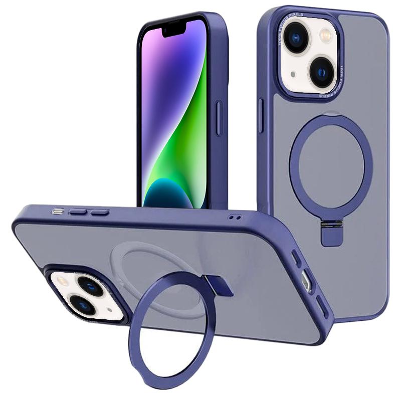 EDA008221519C.jpg For iPhone 14 Plus Kalebol Metal Lens Frame MagSafe Holder Frosted PC Phone Case(Navy Blue) - Image 1