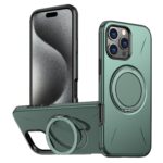 For iPhone 15 Pro Max Metal Rotation Holder MagSafe TPU Hybrid PC Phone Case(Grey Green)