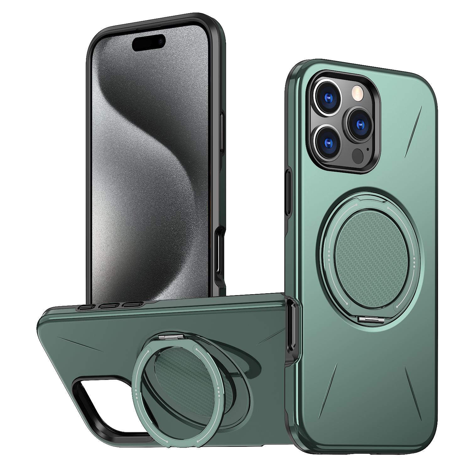 EDA008511509F.jpg For iPhone 15 Pro Max Metal Rotation Holder MagSafe TPU Hybrid PC Phone Case(Grey Green) - Image 1