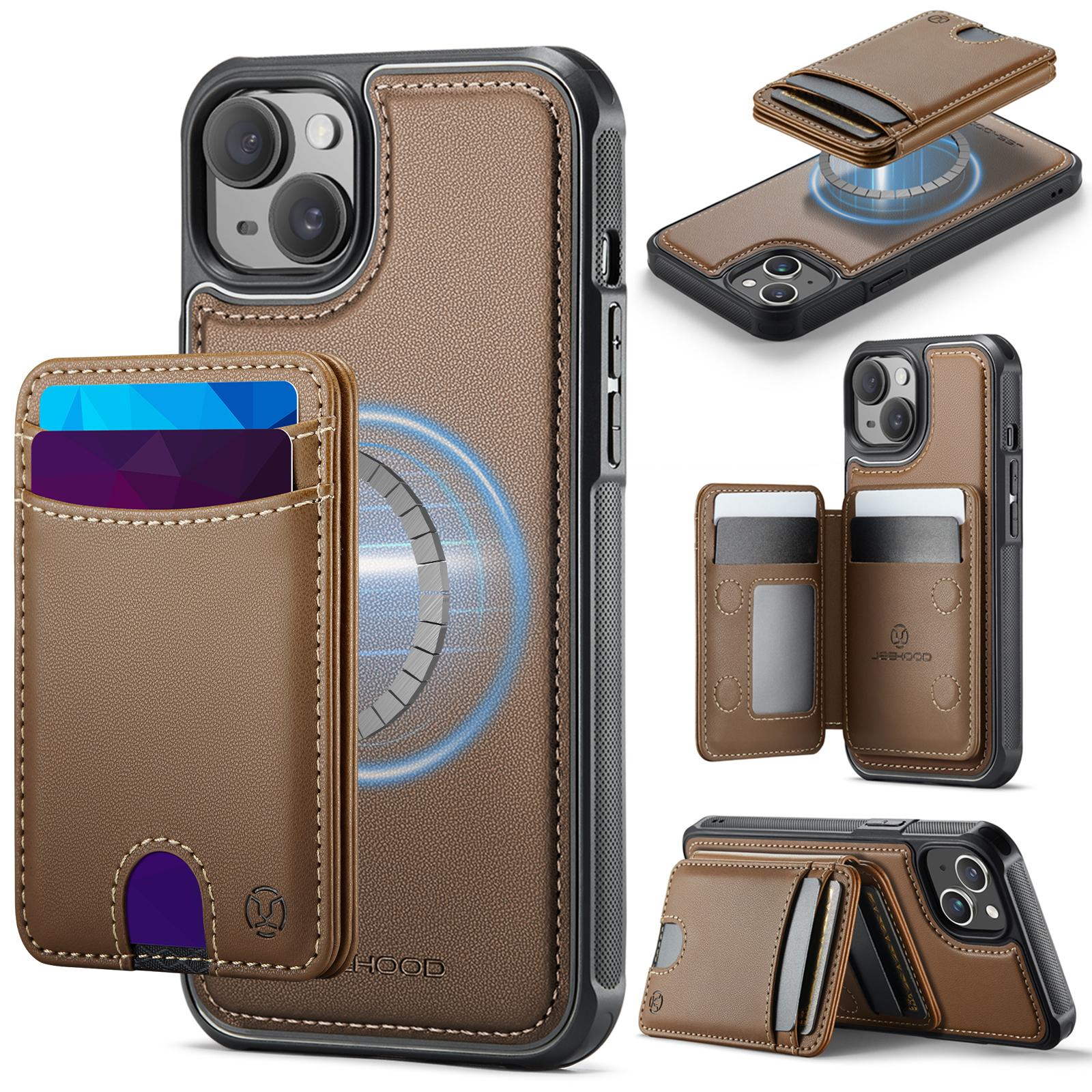 EDA008654120D.jpg For iPhone 13 JEEHOOD J10 Flip Card Bag MagSafe Split RFID Leather Phone Case(Brown) - Image 1