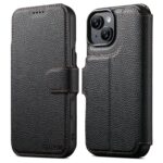 For iPhone 15 Plus Suteni Q05 -in-1 Multi-function MagSafe Wallet Big Litchi Leather Phone Case(Black)