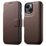 For iPhone 15 Plus Suteni Q05 -in-1 Multi-function MagSafe Wallet Big Litchi Leather Phone Case(Brown)