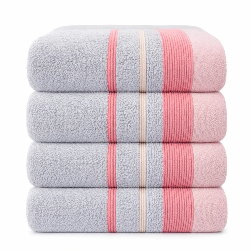 Grey Pink Border Bath Hand Towels - 600GSM 100% cotton, 50 x 90 cm