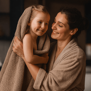 Folded bath towels in travel bag - IZORRA pack shot