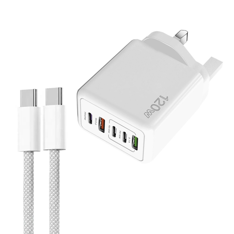120W 5-Port PD and QC3.0 Multi Charger with USB-C Cable, UK Plug