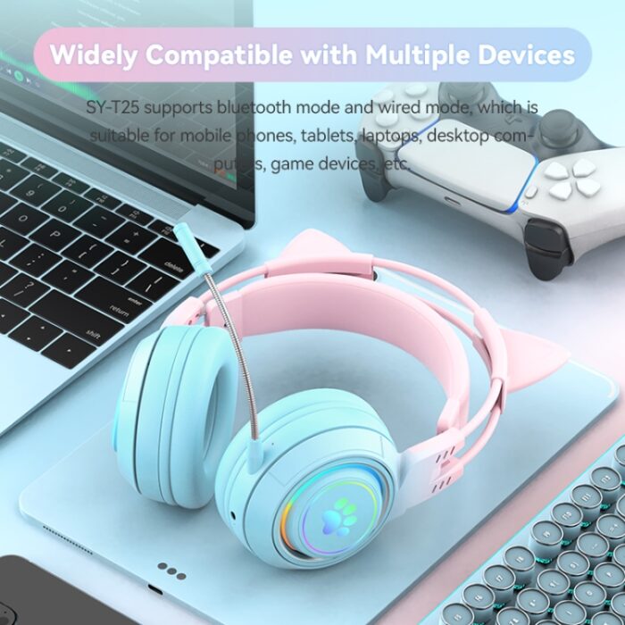 T25 Cat Ear Bluetooth Headphones with RGB Lights and Detachable Mic - Image 4