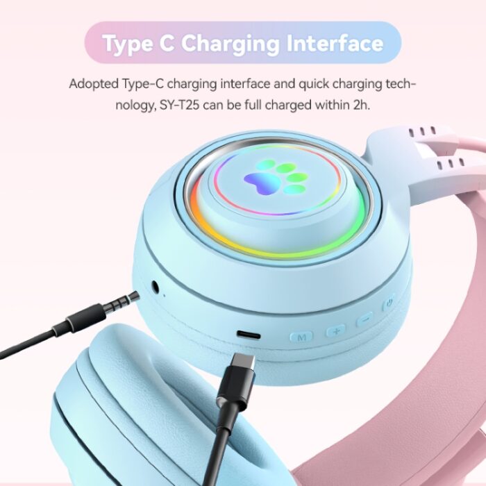 T25 Cat Ear Bluetooth Headphones with RGB Lights and Detachable Mic - Image 8