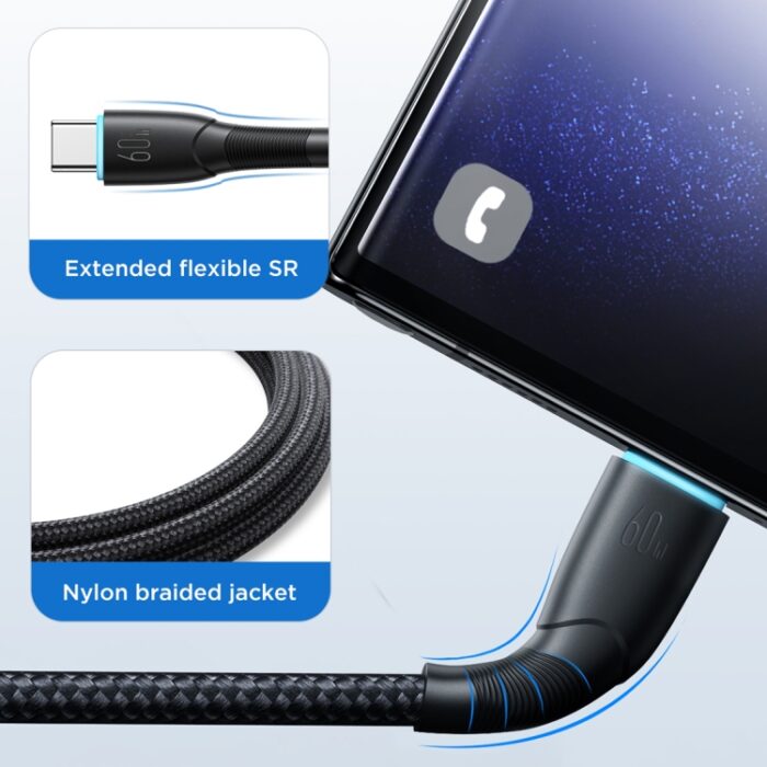 JOYROOM Starry 60W Braided USB-C to USB-C Cable with LED, 1m - Image 9