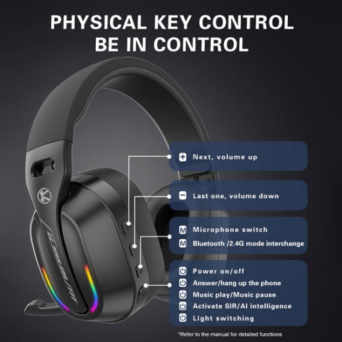 GT100 RGB Gaming Headphones with 2.4G Transmitter, Bluetooth 5.4 - Image 9