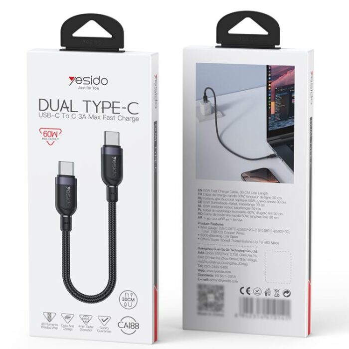 Yesido 60W USB-C to USB-C Braided Cable, 0.3 m to 3 m - Image 11