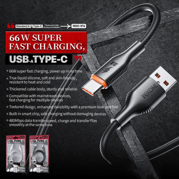 WK WDC-91a 66W USB-A to USB-C Silicone Cable, 1 m - Image 4