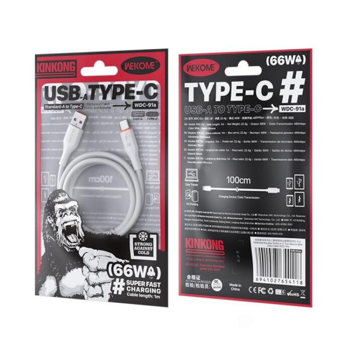 WK WDC-91a 66W USB-A to USB-C Silicone Cable, 1 m - Image 5