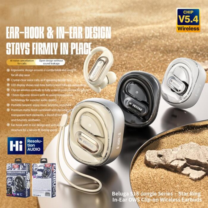 WK Beluga S18 Clip-On Open-Ear Wireless Earbuds, Bluetooth 5.4, LED Display - Image 2