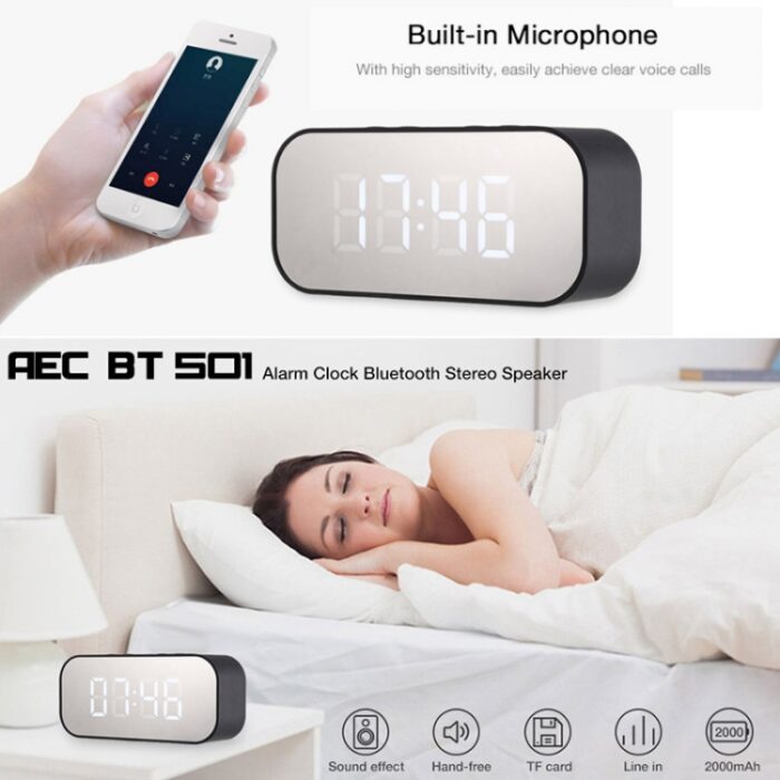 AEC BT501 Bluetooth Speaker Alarm Clock with Mirror LED Display - Image 9