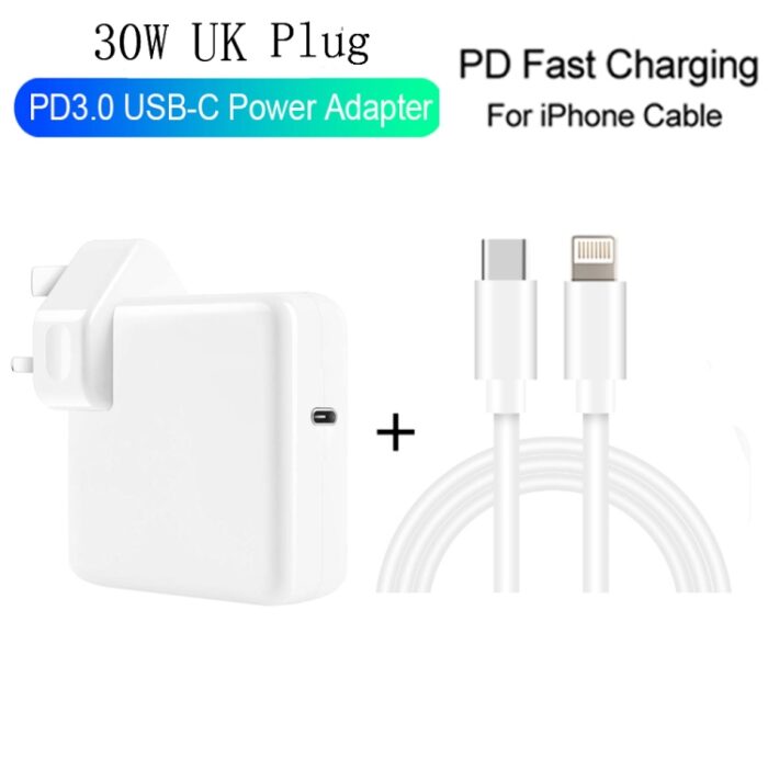 30W USB-C PD Charger with USB-C to Lightning Cable, UK Plug - Image 2